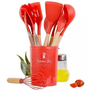 Jogo Kit Com 12 Peças Utensílios De Cozinha Colheres Espatulas Pegador Silicone Copo Suporte - Prime - Conjunto de Utensílios