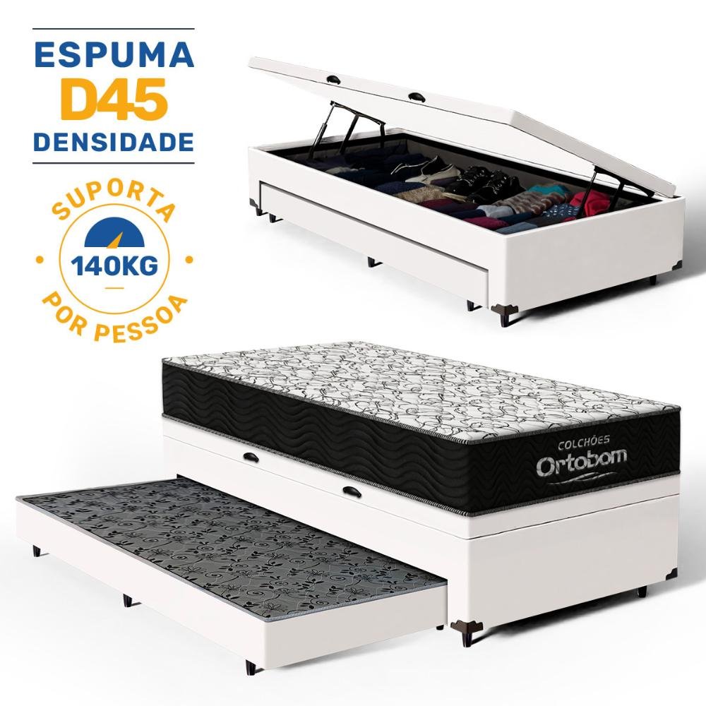 Cama Box Baú com Colchão de Espuma D45 Ortobom Airtech 150 + Auxiliar Unique Solteiro 88cm
