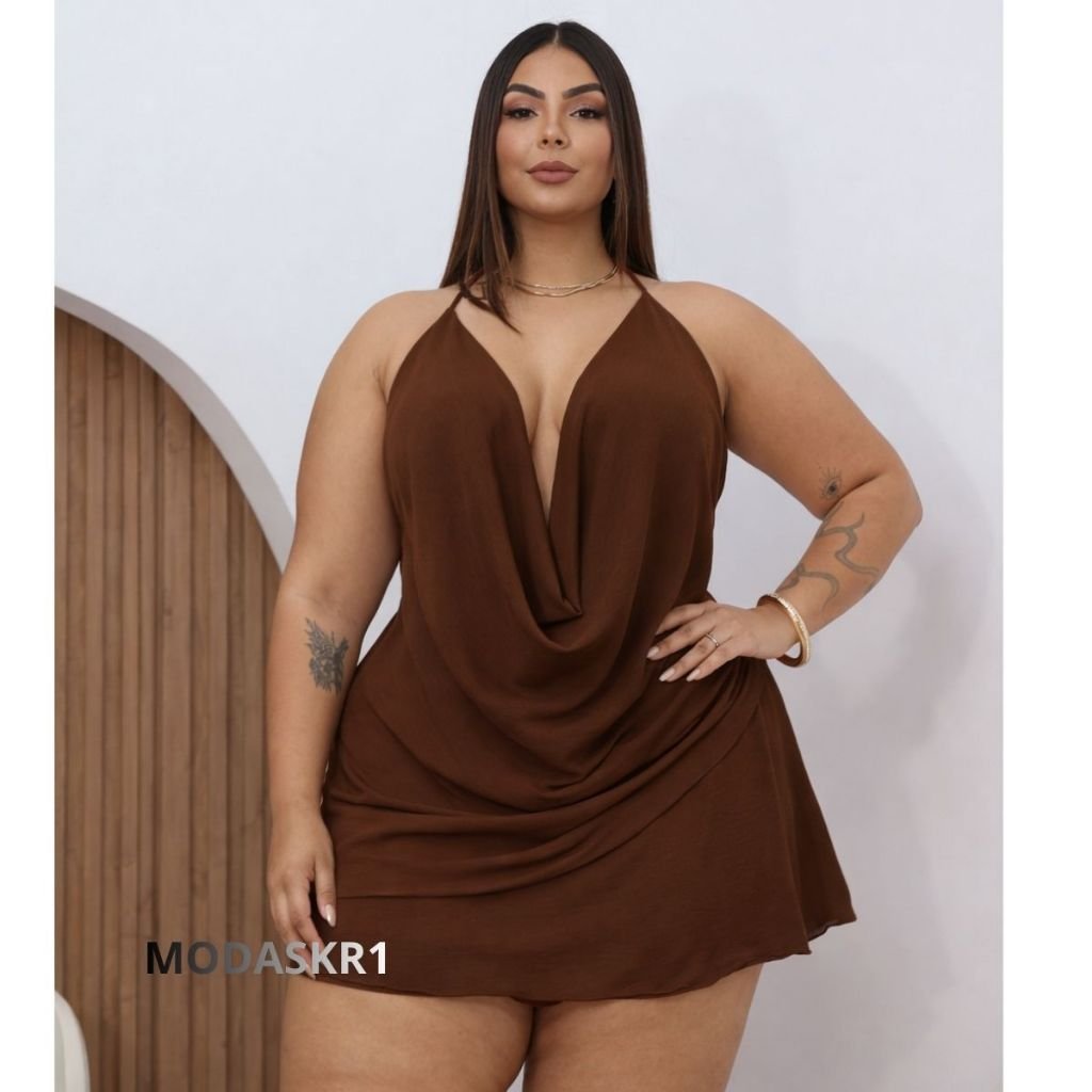 Conjunto Feminino Verão Decotado Plus Size: Blusa Frente Única Duna e Short Saia Casual Elegante veste 44 ao 48